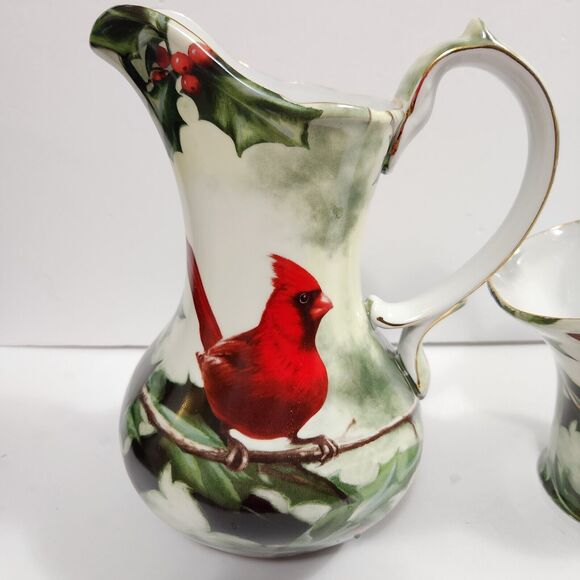 Cardinal in Holly Porcelain Pitcher & Basket Christmas Holiday Table Red Green - Picture 5 of 8